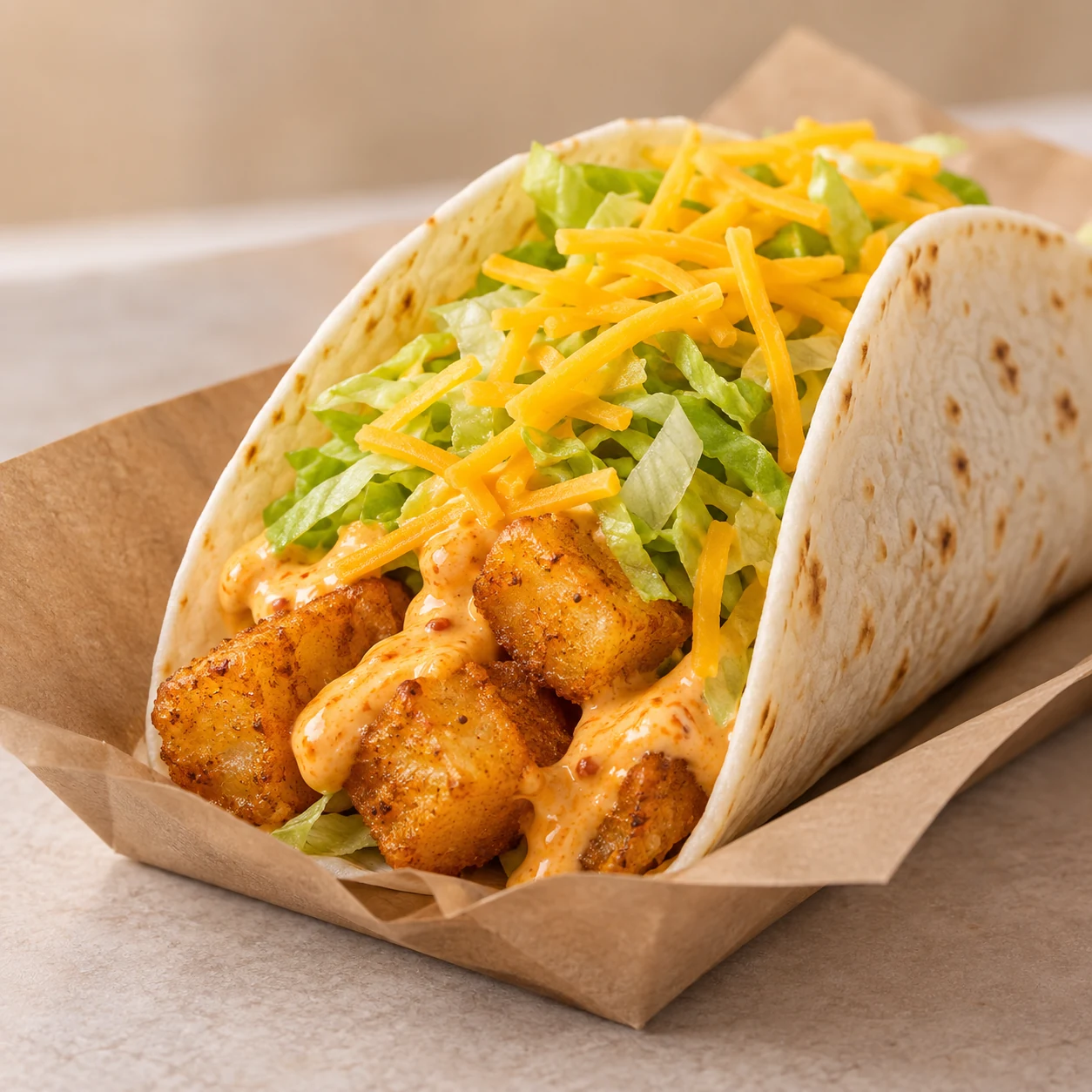 Taco Bell Spicy Potato Soft Taco with crispy potatoes, lettuce, cheddar cheese, and spicy sauce
