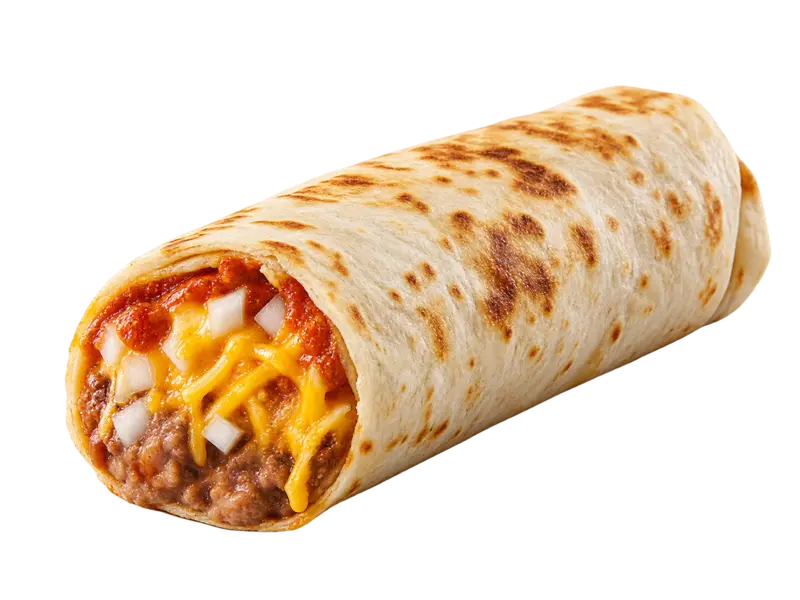 Taco Bell Bean Burrito with refried beans, cheddar cheese, diced onions and red sauce