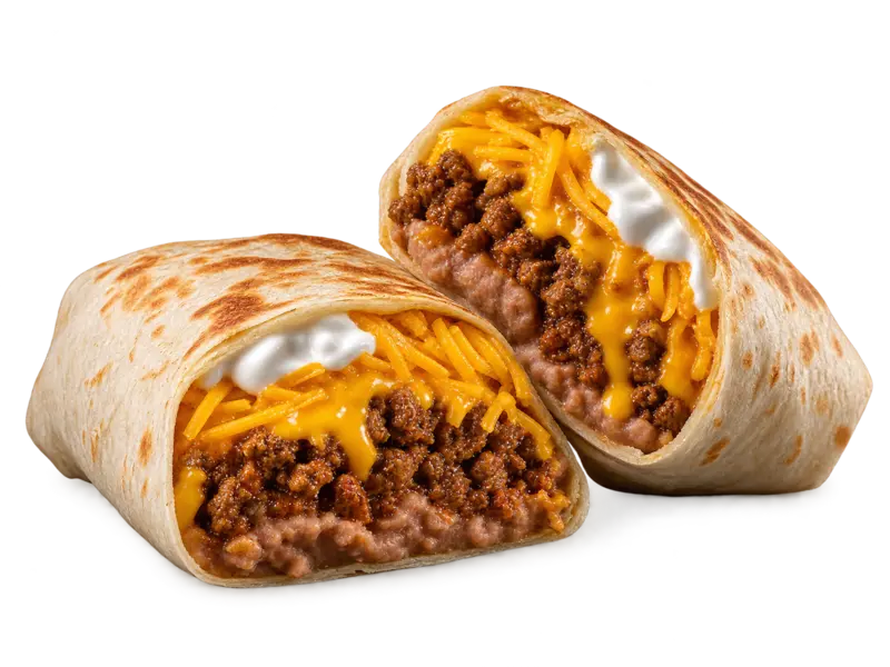 Taco Bell Beefy 5-Layer Burrito with seasoned beef, beans, cheese, sour cream and nacho cheese sauce