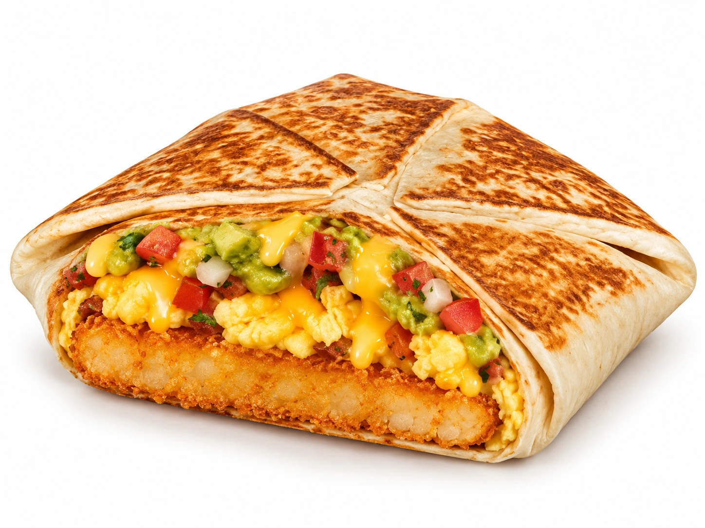 Breakfast California Crunchwrap with eggs, cheese, hash brown and guacamole