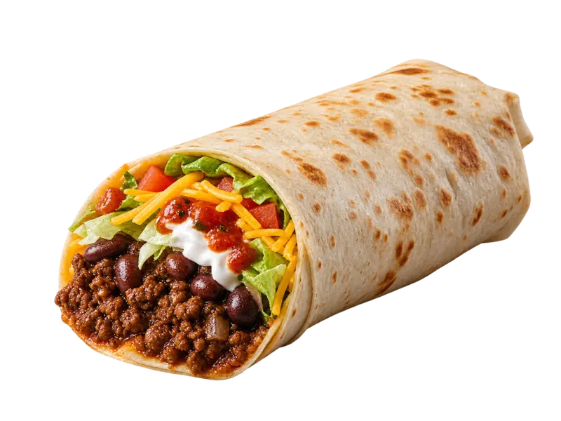 Taco Bell Burrito Supreme with seasoned beef, beans, lettuce, tomatoes, cheese and sour cream