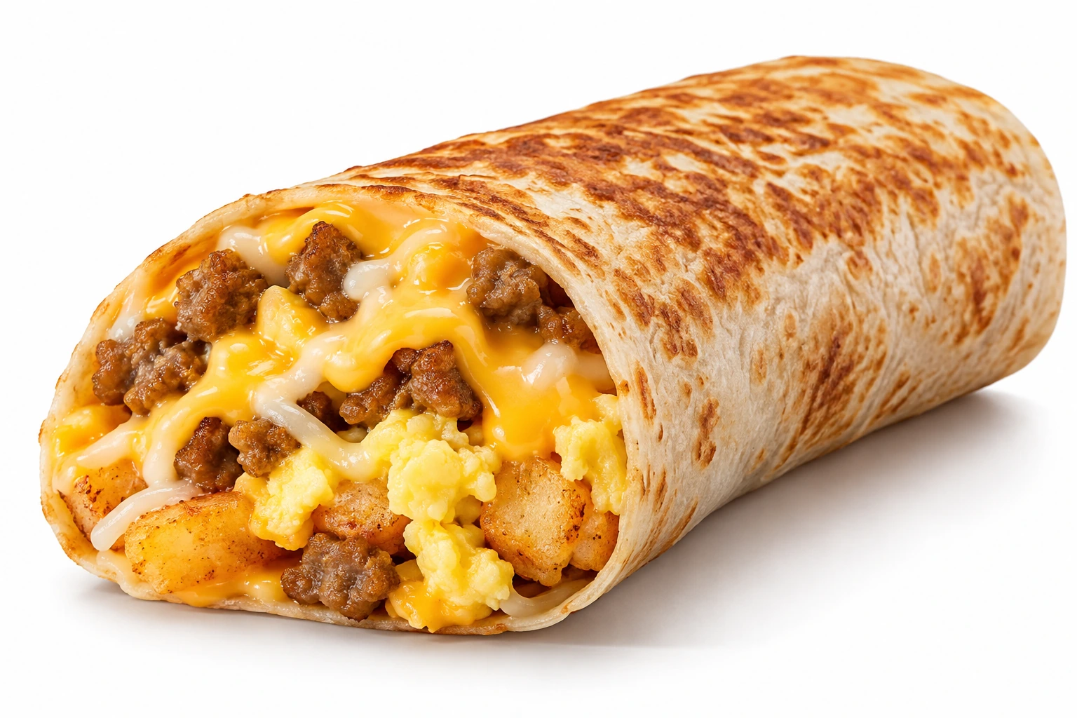 Cheesy Toasted Breakfast Burrito Sausage with eggs, cheese, sausage and potatoes