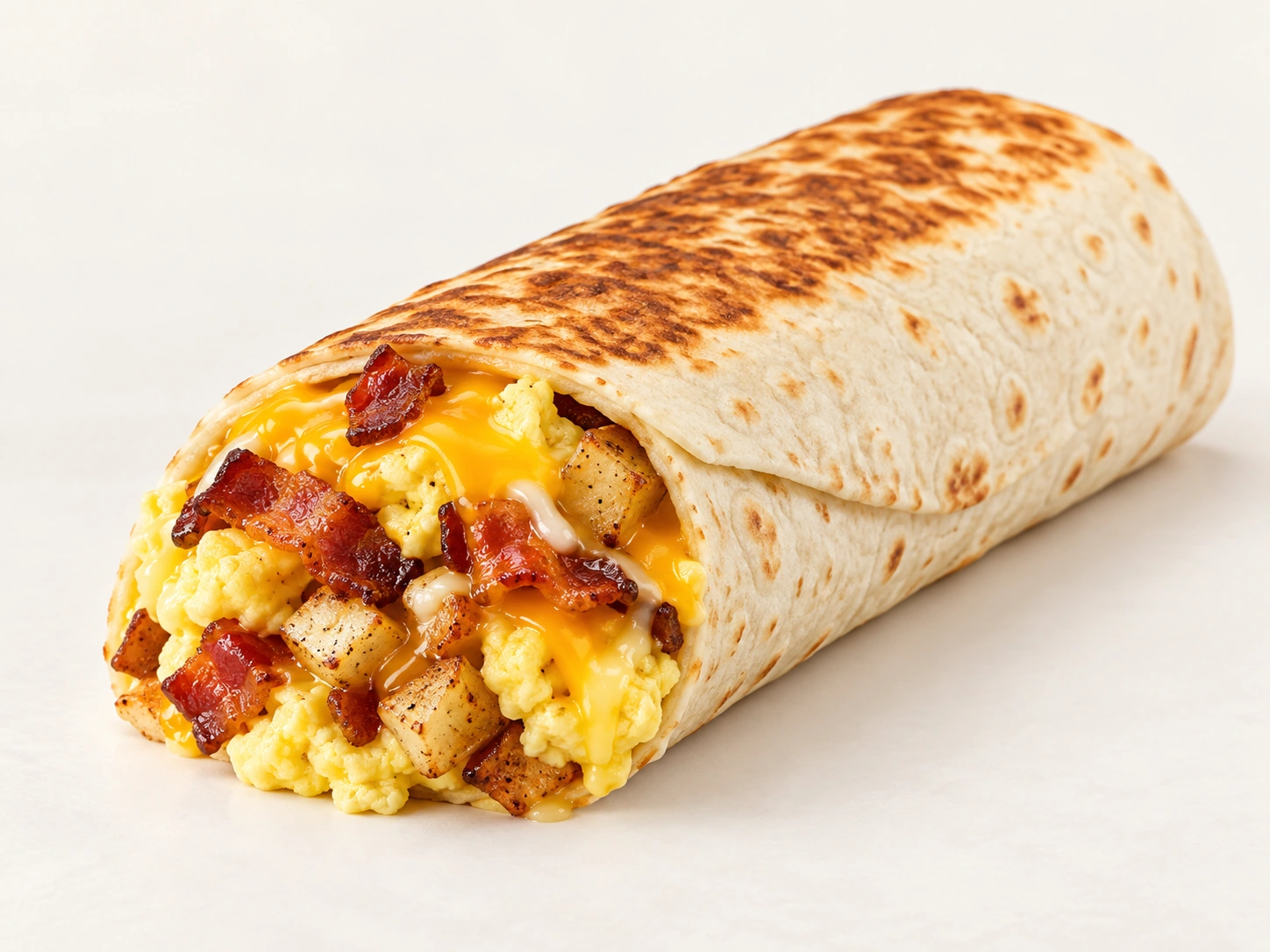 Cheesy Toasted Breakfast Burrito Bacon with eggs, cheese, bacon and potatoes