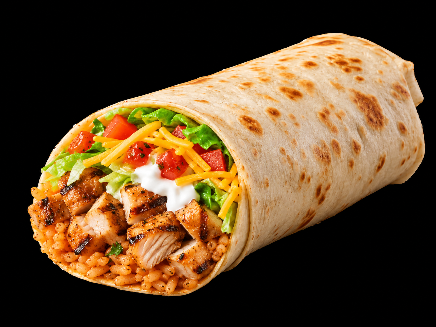 Taco Bell Chicken Burrito with grilled chicken, rice, lettuce, tomatoes, cheese and creamy sauce