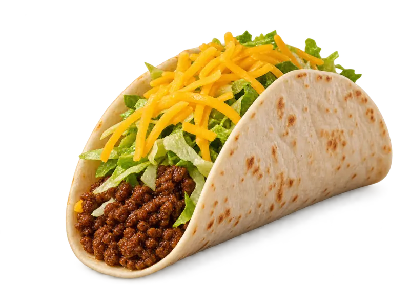 Taco Bell Soft Taco with seasoned beef, lettuce and shredded cheese in a soft flour tortilla