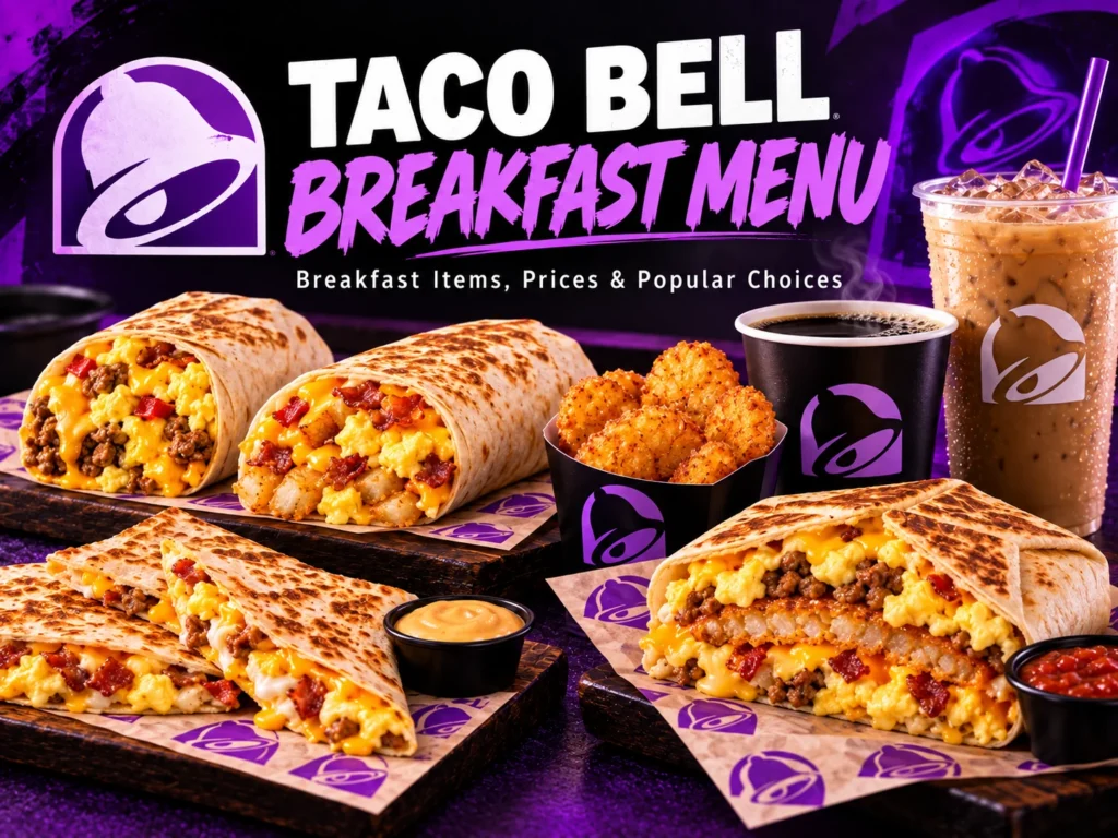 Taco Bell breakfast menu with breakfast burritos, quesadillas, potatoes and coffee
