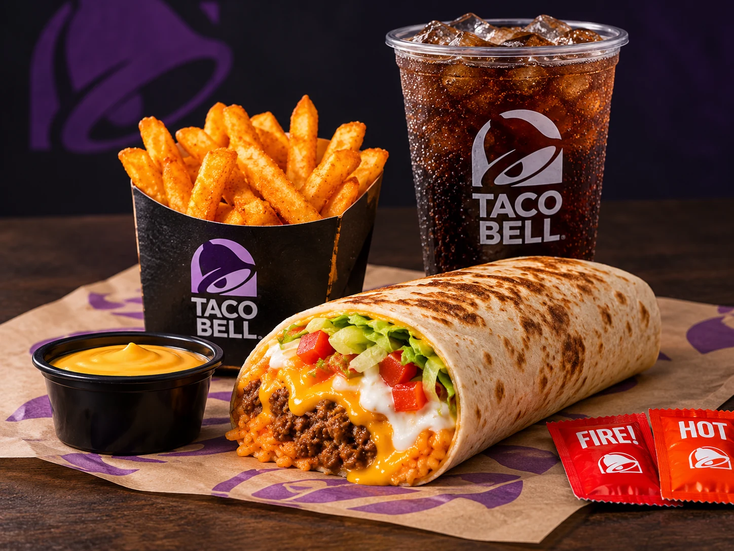 Taco Bell burrito combo with a grilled beef burrito, seasoned fries, nacho cheese dip and cold drink
