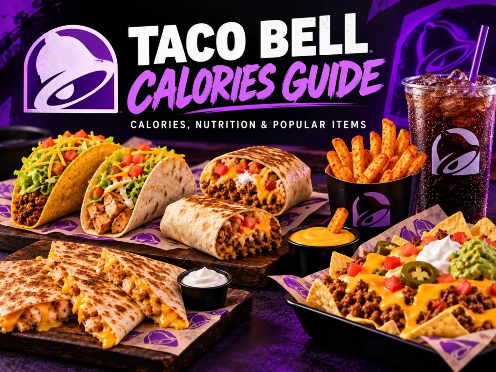 Taco Bell calories guide featuring tacos, burritos, quesadillas, nachos, fries and drinks