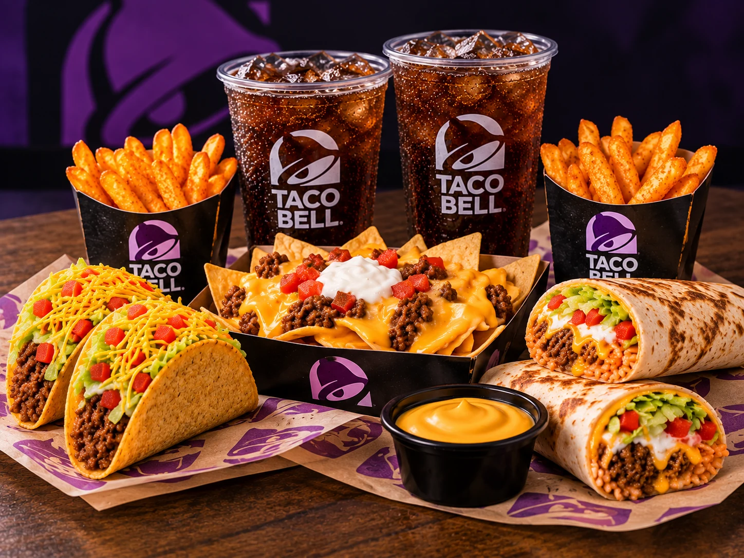 Taco Bell Meal for Two with tacos, burritos, fries, nachos, cheese dip and two cold drinks