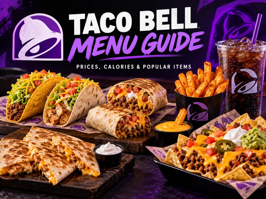 Taco Bell menu guide featuring tacos, burritos, quesadillas, nachos, fries and a cold drink