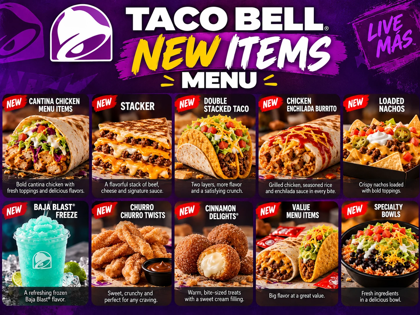 Taco Bell New Items Menu featuring Cantina Chicken, Stacker, tacos, burritos, nachos, Baja Blast Freeze and desserts.