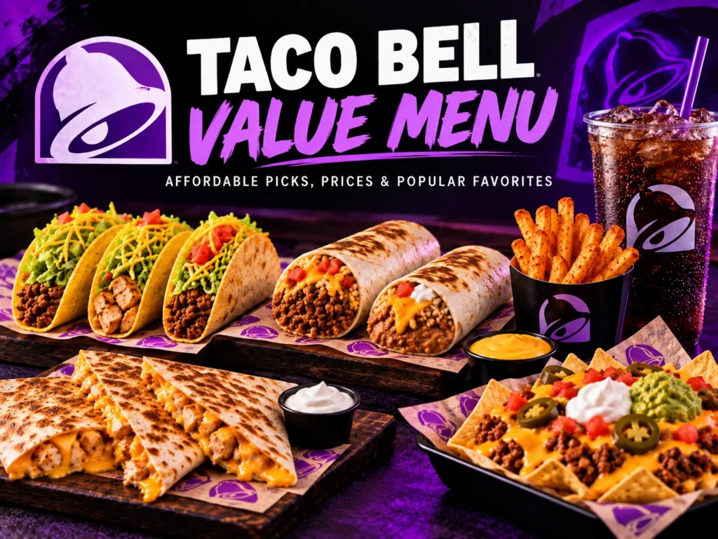 Taco Bell value menu featuring tacos, burritos, quesadillas, nachos, fries and a drink